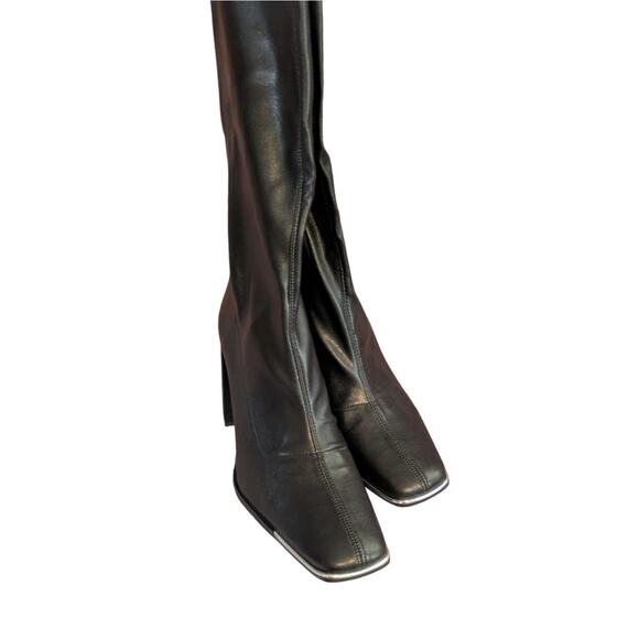 New Pretty Little Thing PU Toe Cap Square Toe Calf Heeled Sock Boots Size 8 - Picture 4 of 9